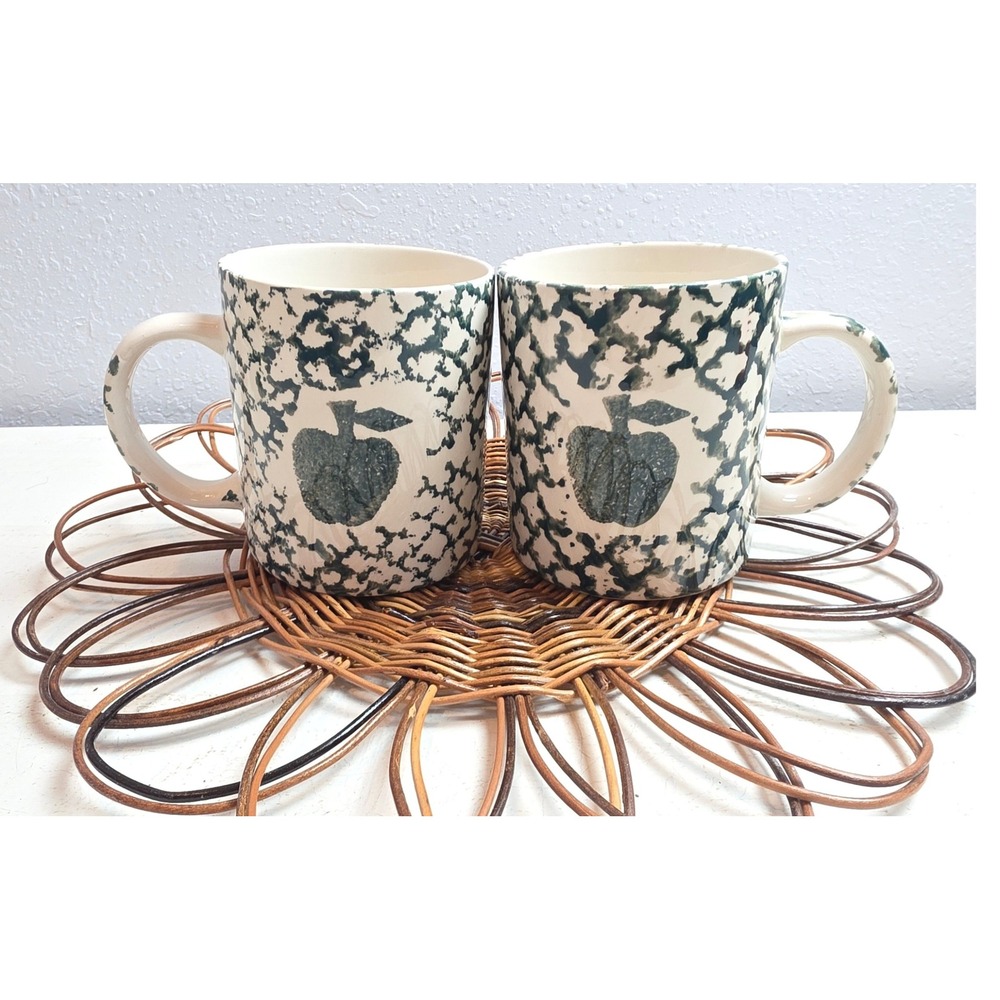 Vintage‎ Gibson Housewares Green Apple Spongeware Coffee Mug Pair Farmhouse Fall
